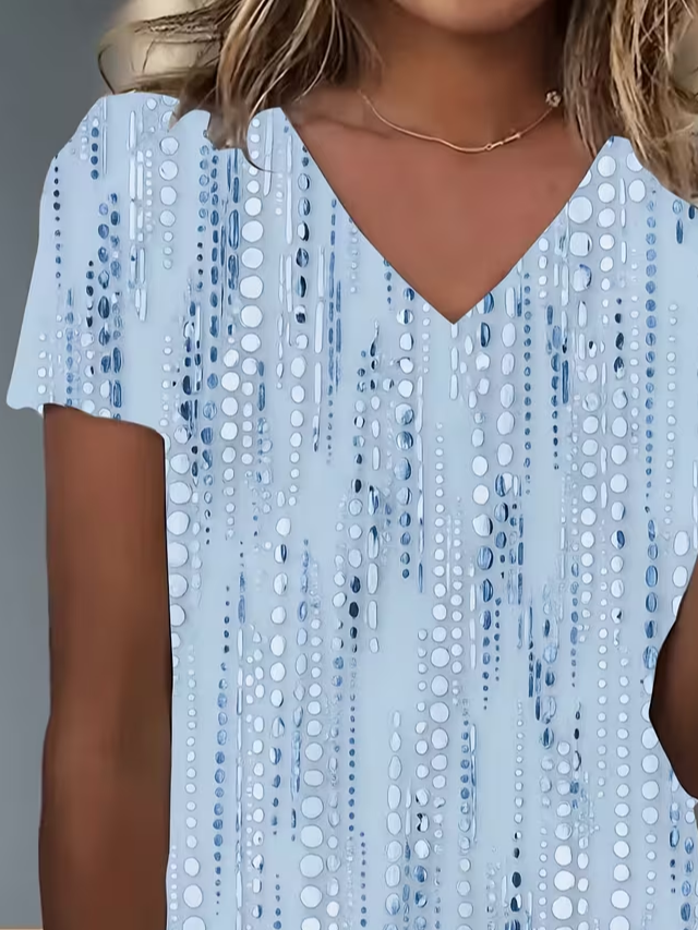 Women's Short Sleeve T-shirt Summer Blue Abstract Printing V Neck Holiday Going Out Vintage Top