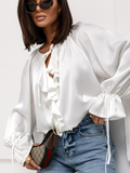 Women's Elegant Ruffled Flared Sleeve V-Neck Lace-up Blouse