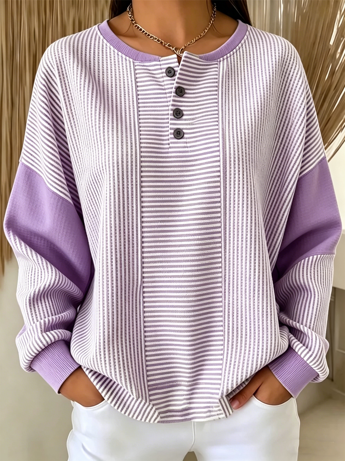 Women's Striped Knit Henley Neck Long Sleeve Casual Sweatshirt