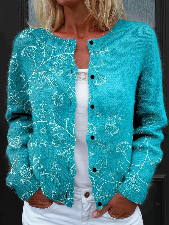 Women's Floral Pattern Art Print Button Cardigan Sweater