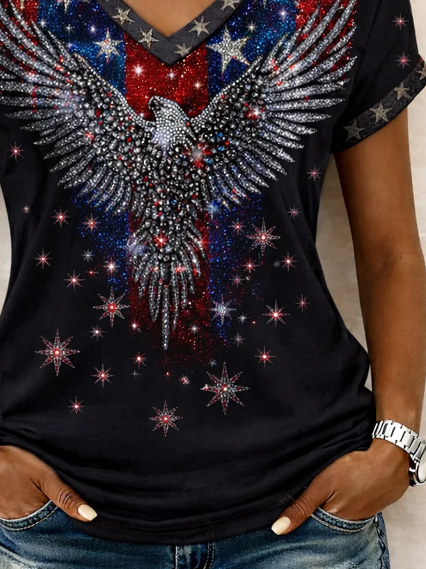 Women's Short Sleeve T-shirt Summer Black America Flag Printing V Neck Holiday Going Out Casual Top