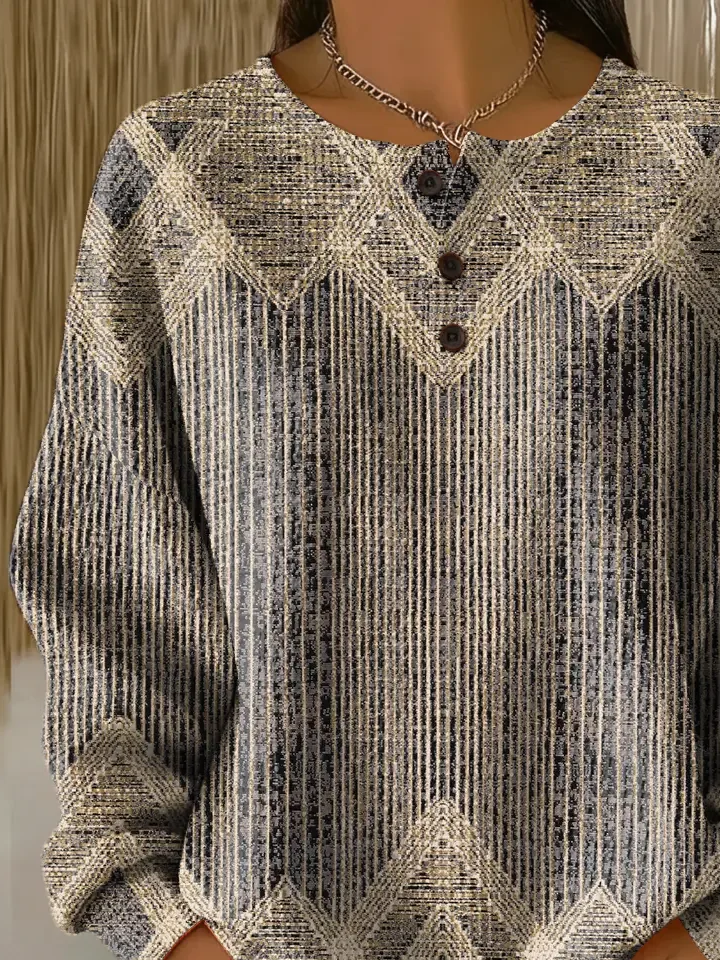 Women's Abstract Print Button-Up Casual Waffle Knit Sweatshirt