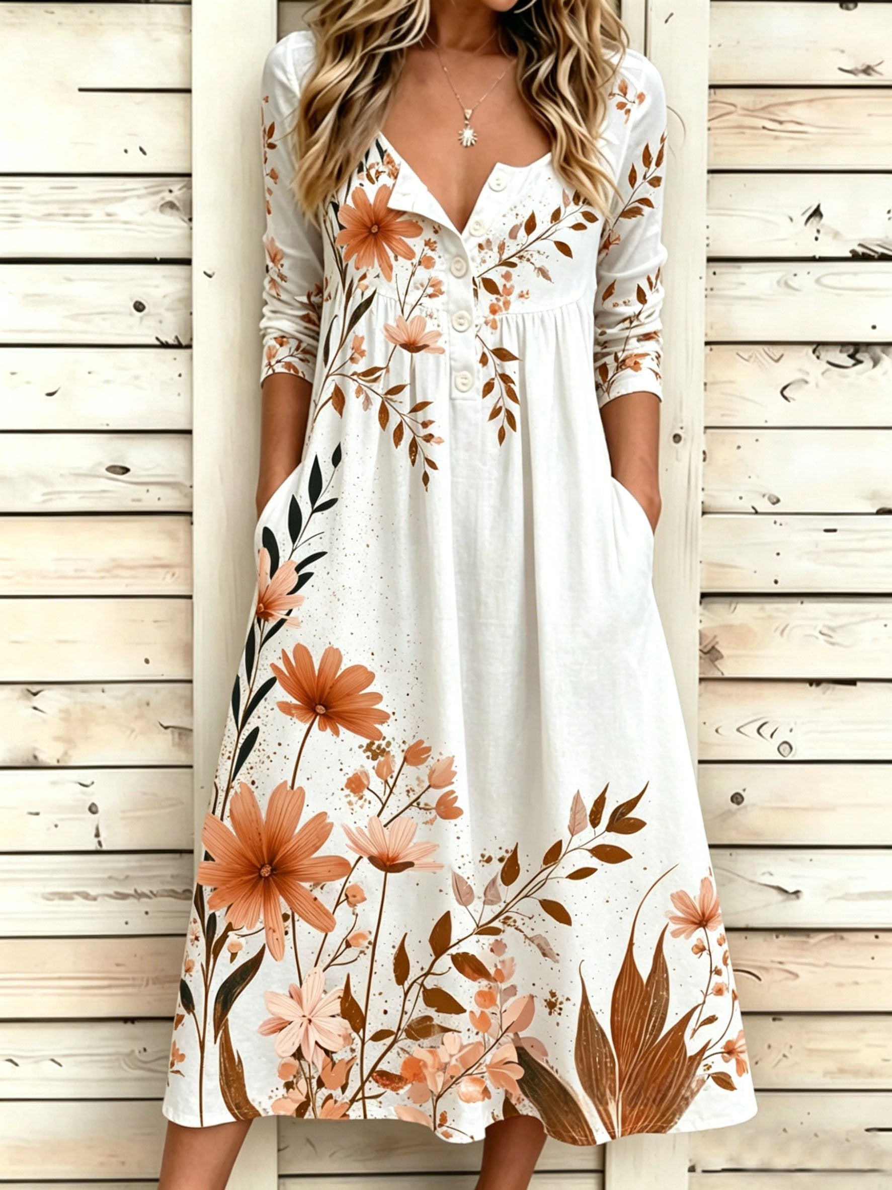 Botanical Print Half Sleeve Round Neck Button A-Line Vintage Casual Dress