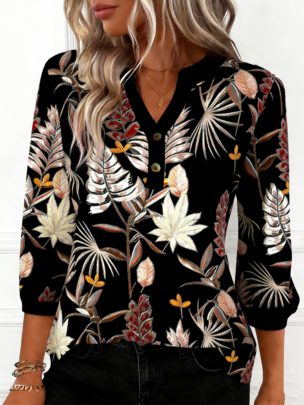 Floral Elegant Loose V Neck T-Shirt