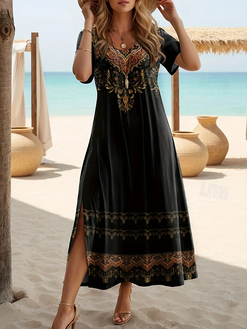 Women's Floral Print Casual Round Neck Short Sleeve Slit Dress
