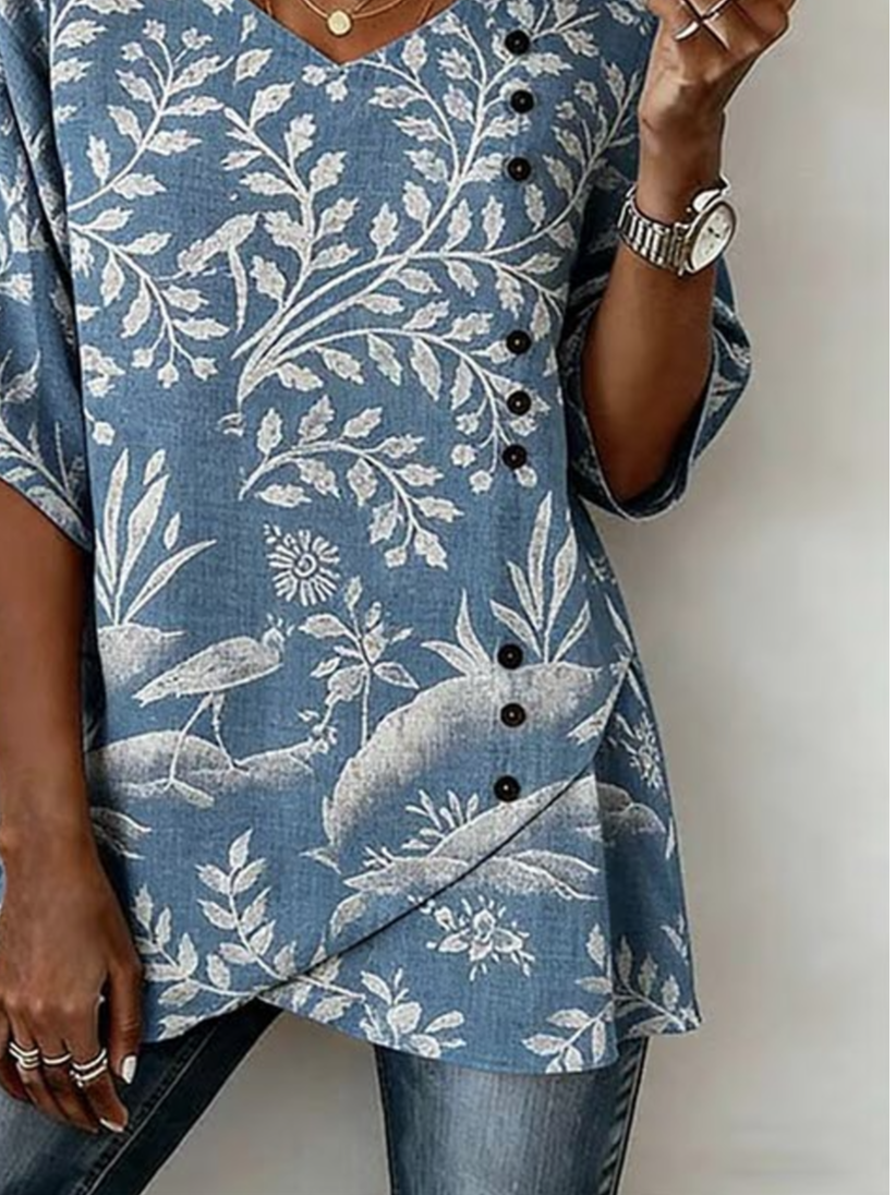 Vintage Cotton And Linen Botanical Pattern Shirt