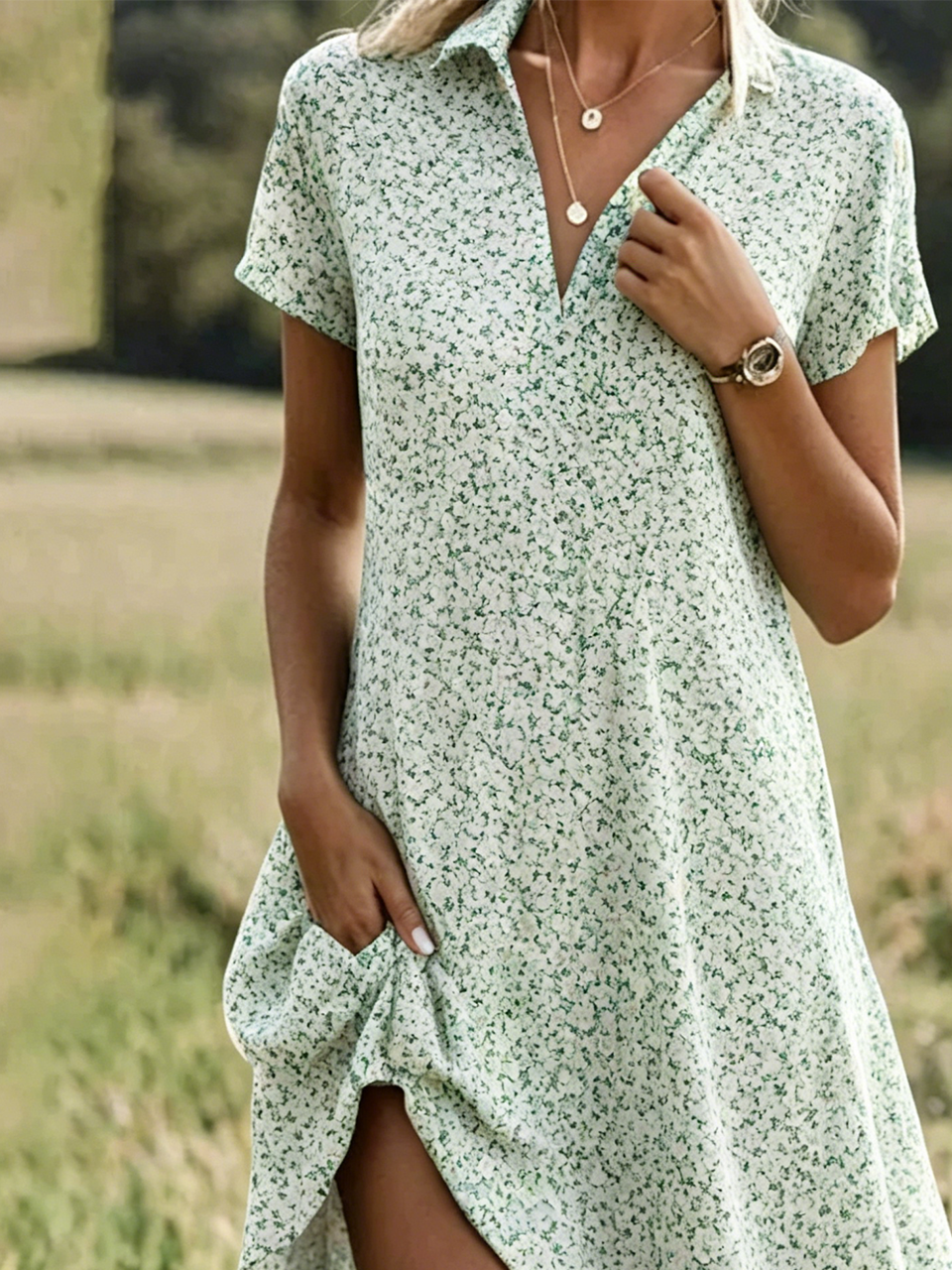 Casual Ditsy Floral Shirt Dress With No