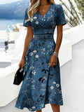 Women’s Blue Floral Print Wrap V Neck Short Sleeve Midi Dress Elegant Summer Dress