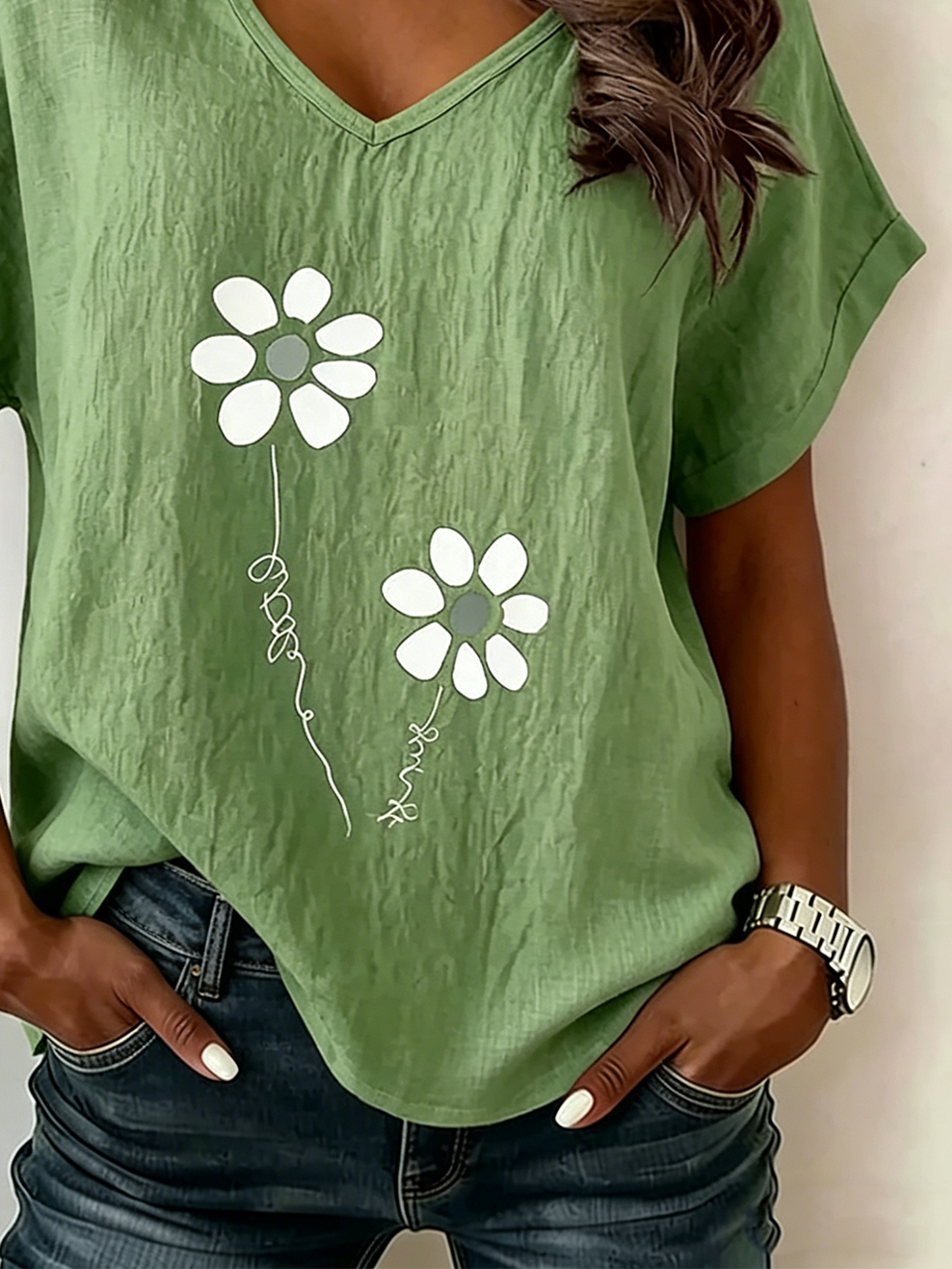 Women's Short-Sleeve V-Neck Printed Cotton-Linen Blouse