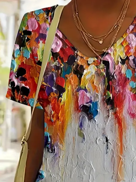 Women's Colorful Printed Casual V-Neck Short Sleeve T-Shirt