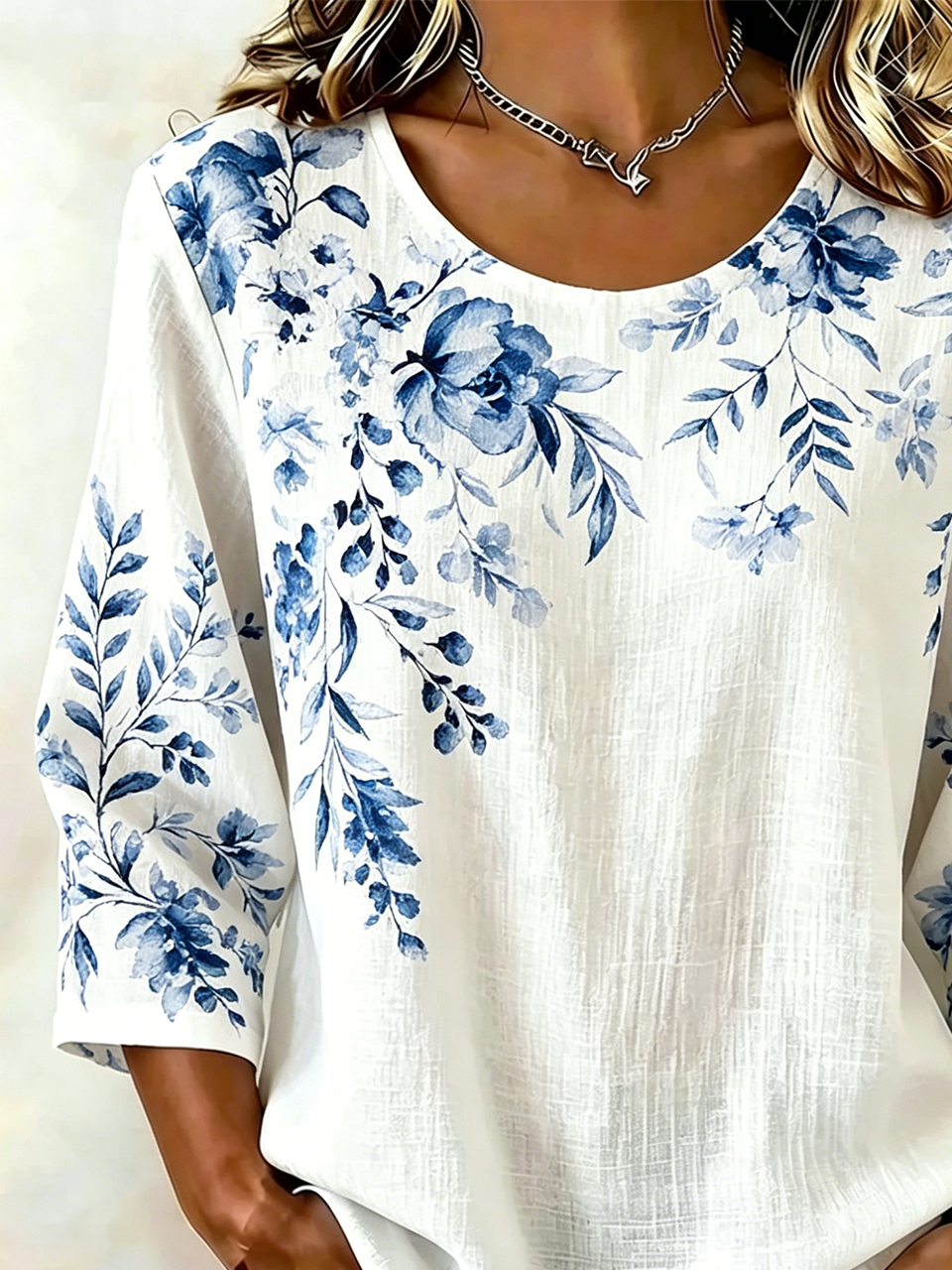 Linen Blend Vintage Floral Crew Neck Shirt