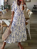V Neck Loose Blue Floral Casual Dress