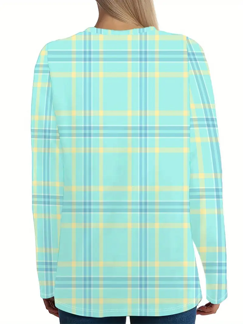 Women's Long Sleeve T-shirt Spring/Fall Green Plaid Printing Jersey Crew Neck Daily Going Out Casual Top