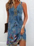 Casual Loose Ethnic Floral Printed Sleeveless Short Dress With Buttoned Design