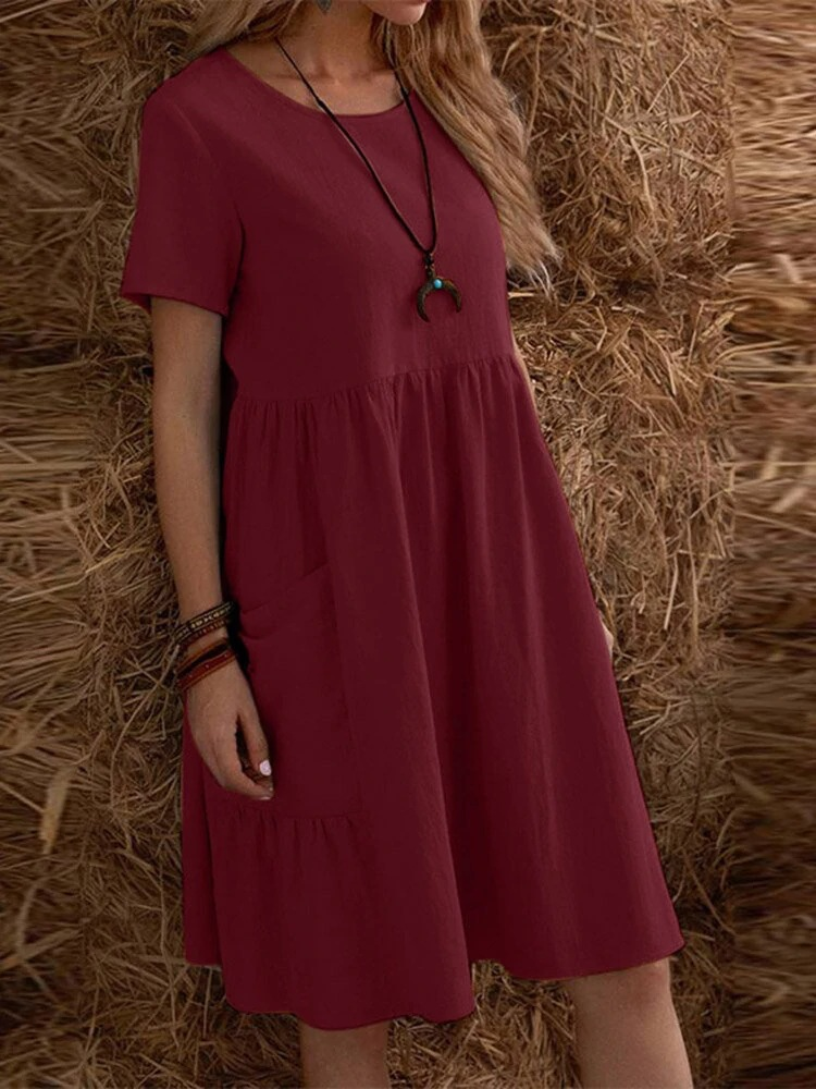 Plain Cotton And Linen Casual Round Neck Short Sleeve Pocket A-Line Hem Dress