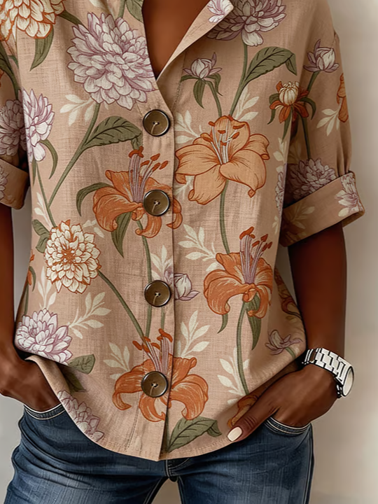Women's Long Sleeve Shirt Spring/Fall As Picture Floral Buckle Stand Collar Daily Going Out Casual Top