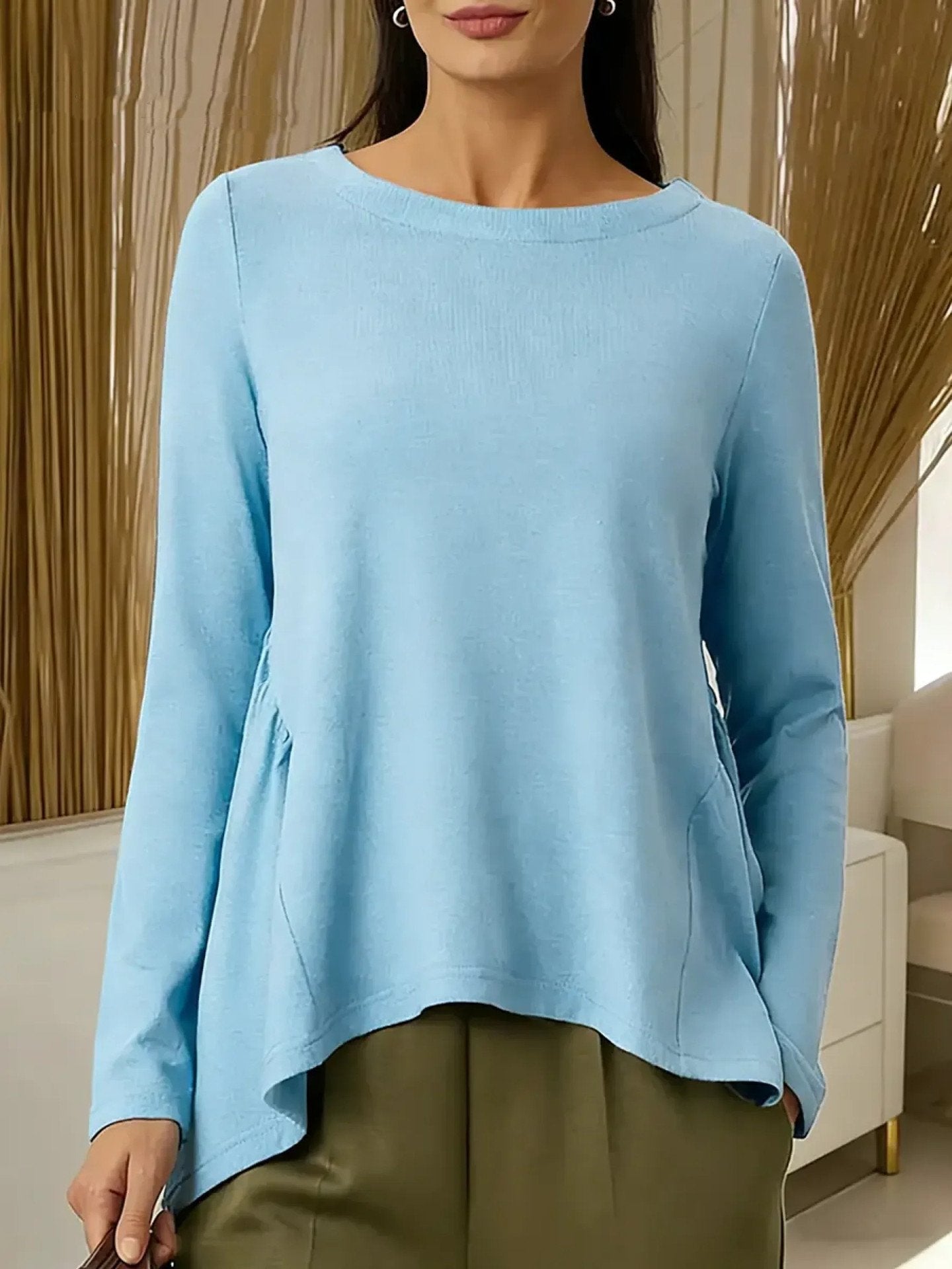 Women's Long Sleeve T-shirt Spring/Fall Light Blue Plain Split Joint Crew Neck Daily Going Out Casual Top