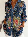 Women's Vintage Floral-Print Denim Casual Shirt