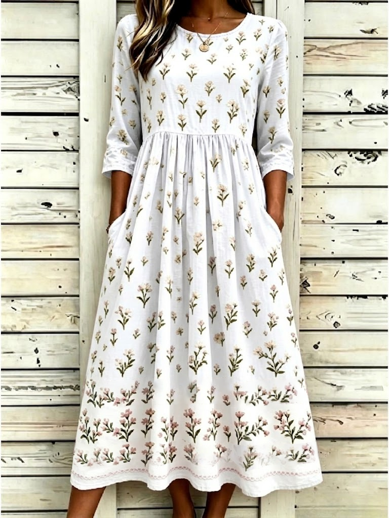 Women's Half Sleeve Summer White Floral Printing Crew Neck Daily Going Out Casual Maxi H-Line Dress