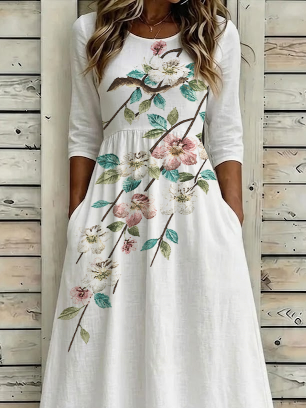 Women's Half Sleeve Summer White Floral Printing Crew Neck Daily Going Out Casual Maxi H-Line Dress