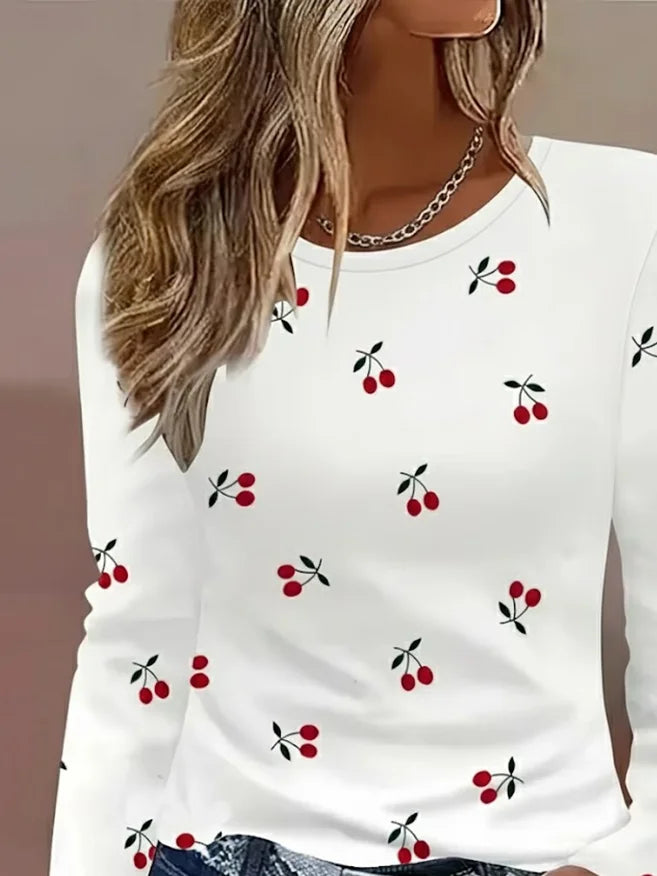 Women's Long Sleeve T-shirt Spring/Fall White Fruit Printing Jersey Crew Neck Daily Going Out Casual Top