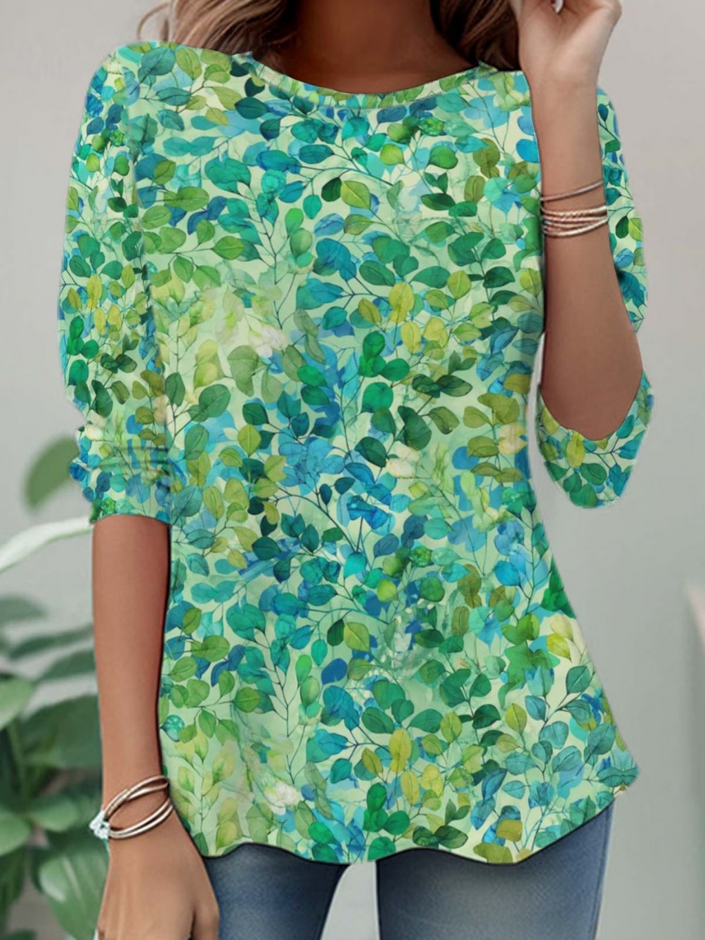 Women's Long Sleeve T-shirt Spring/Fall Green Leaf Printing Jersey Crew Neck Daily Going Out Casual Top