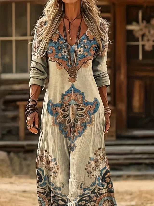 Women's Long Sleeve Spring/Fall Khaki Abstract Printing V Neck Daily Going Out Vintage Maxi H-Line Dress