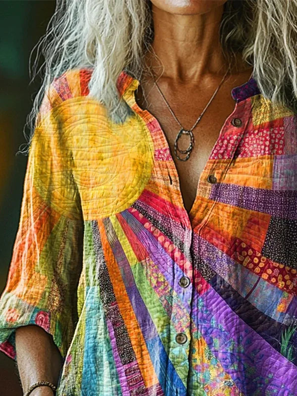 Multicolor Block Stand Collar Casual Shirt