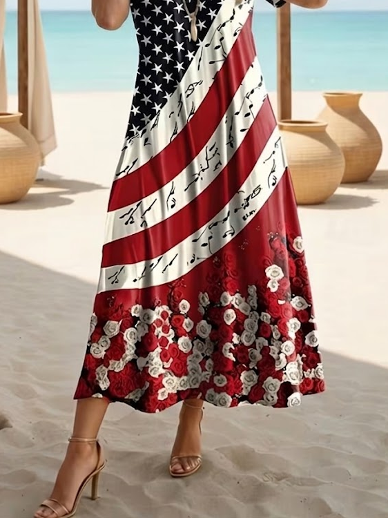 Women's Short Sleeve Summer As Picture Independence Day (Flag) Printing V Neck Daily Going Out Casual Maxi X-Line Dress