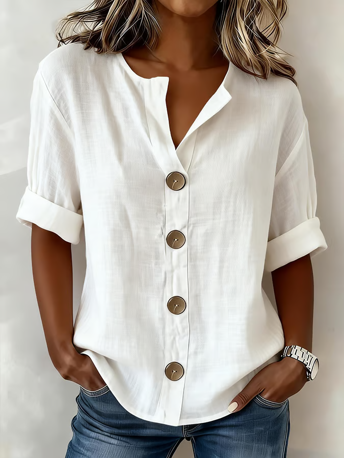 Women's Long Sleeve Shirt Spring/Fall White Plain Buckle Stand Collar Daily Going Out Casual Top