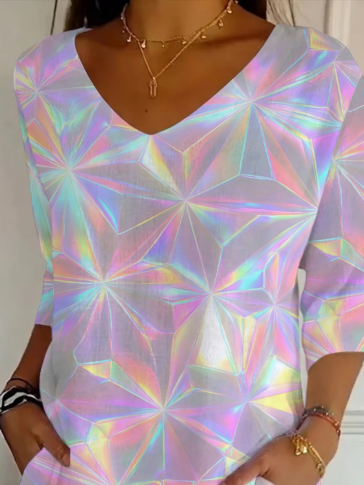 Women's Three Quarter Sleeve T-shirt Spring/Fall As Picture Abstract Printing V Neck Daily Going Out Casual Top