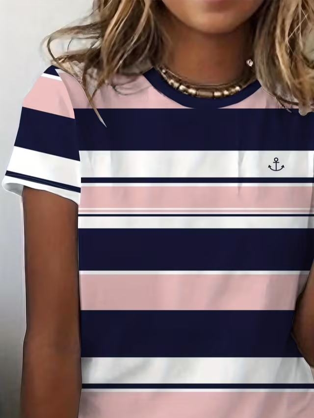 Women's Short Sleeve T-shirt Summer Pink Striped Printing Jersey Crew Neck Daily Going Out Casual Top