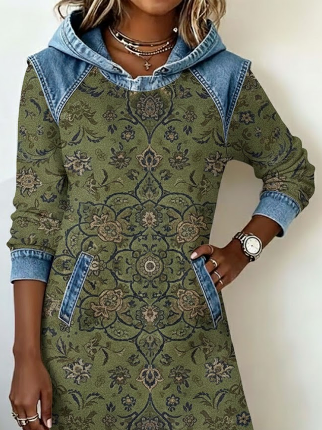 Women's Flowers Print Patchwork Denim Casual Dress