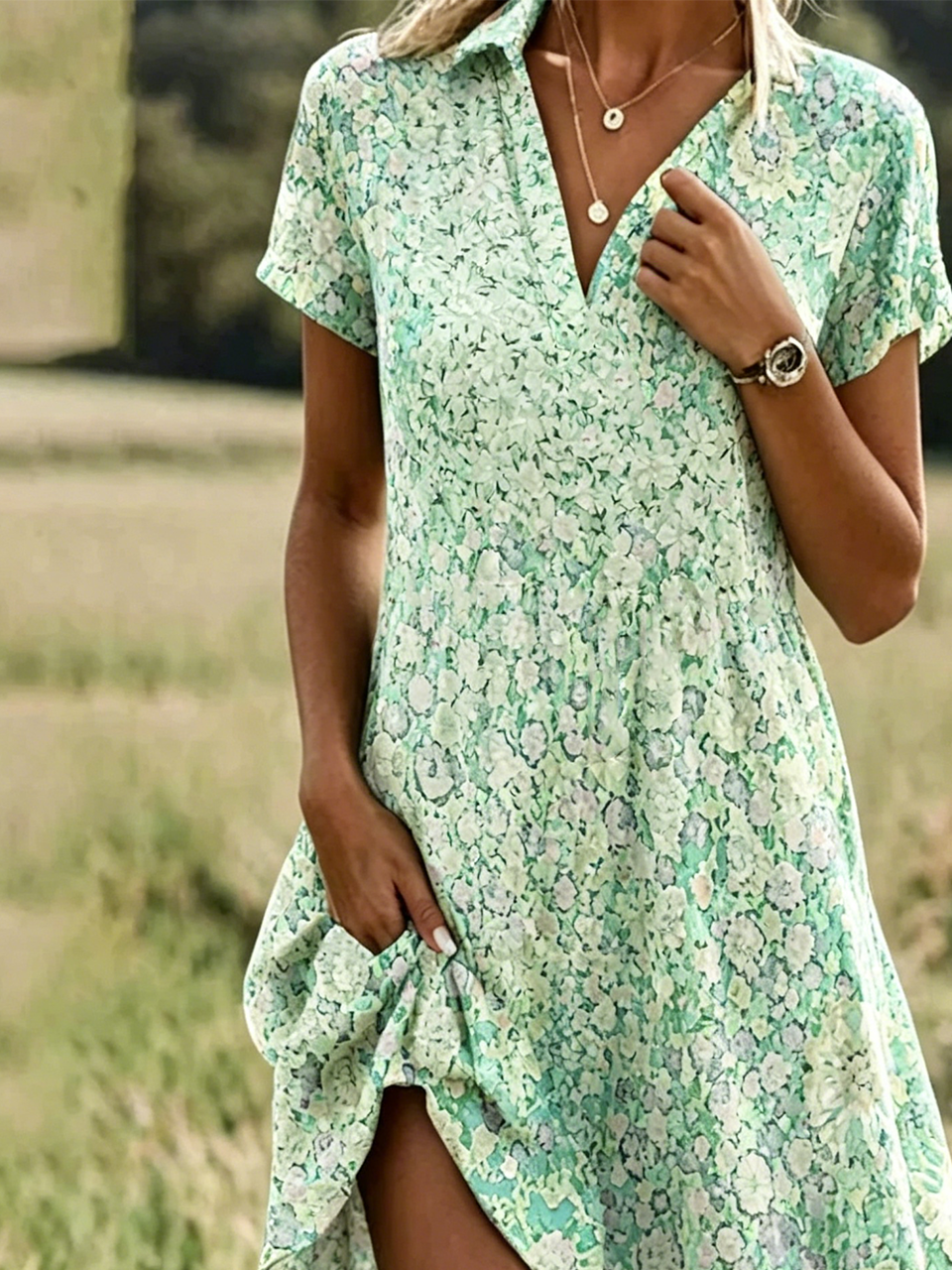 Casual Ditsy Floral Shawl Collar Shirt Dress With No