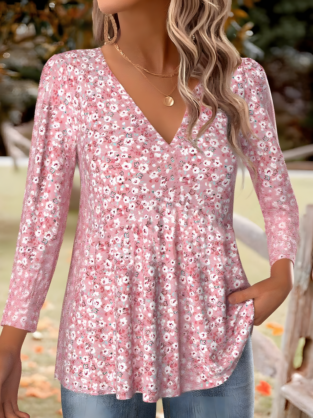 Print Casual V Neck Long Sleeve T-Shirt