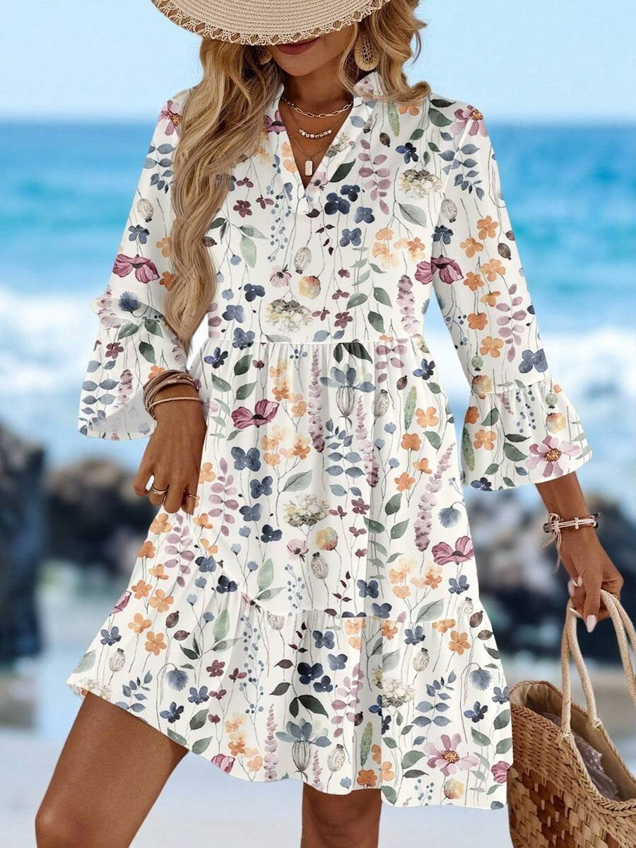 Elegant Loose Cotton-Blend Floral Dress With No