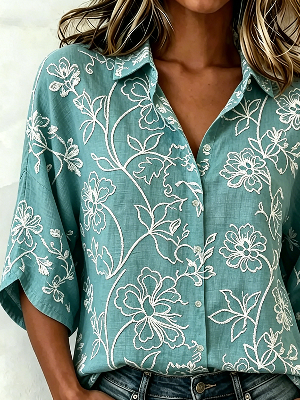 Vintage Botanical Pattern Shawl Collar Cotton And Linen Blouse