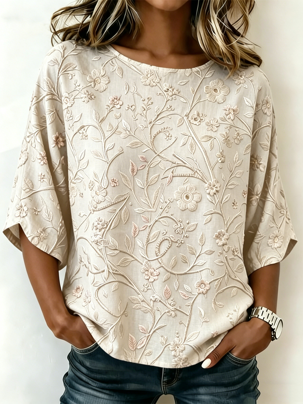 Women's Purple Floral Print Blouse Round Neck Short Sleeve Casual Top