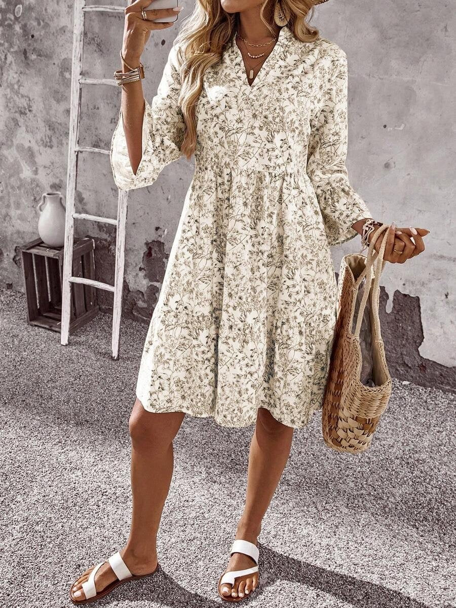 Elegant Floral V Neck 3/4 Sleeve Ruffle Tiered Mini Dress Casual Summer Flowy dress