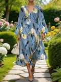 Balloon Sleeve Loose V Neck Floral Elegant Dress With No