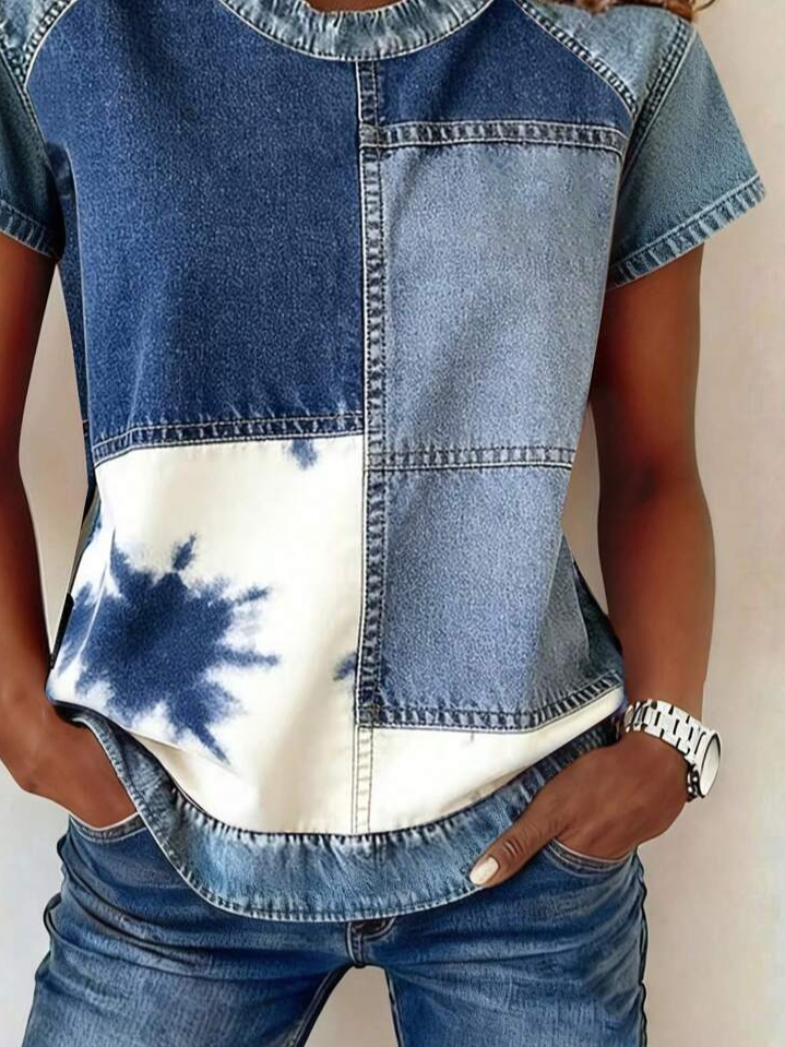 Women's Denim Patchwork Short Sleeve T-shirt Summer Blue Faux Denim Print Graphic Printing Crew Neck Daily Going Out Vintage Top