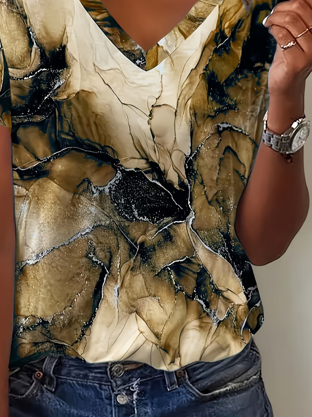Women's Short Sleeve T-shirt Summer Brown Abstract Jersey V Neck Holiday Going Out Casual Top
