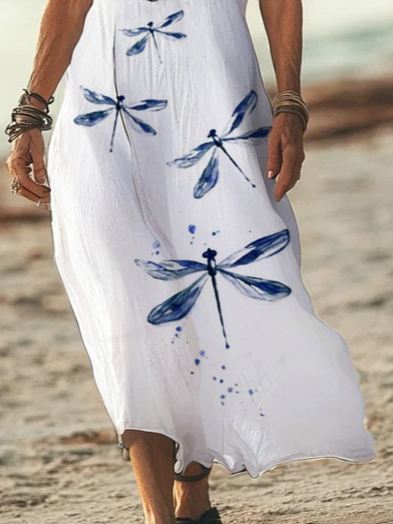 Women's Dragonfly Print Casual V-Neck Short Sleeve Dress