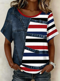 Cotton-Blend Faux Denim Print Graphic Vintage T-Shirt