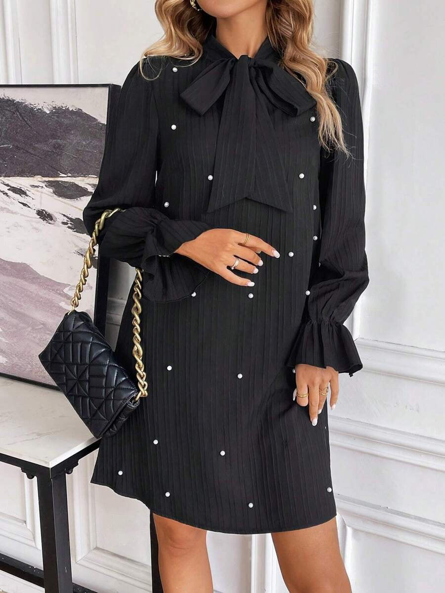Women's Long Sleeve Spring/Fall Red Plain Split Joint Lotus Leaf Collar Commuting Going Out Casual Mini A-Line Fit & Flare Dress Dress