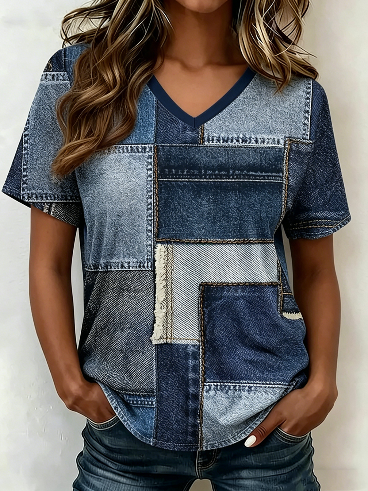 Casual Faux Denim Print Graphic Loose T-Shirt