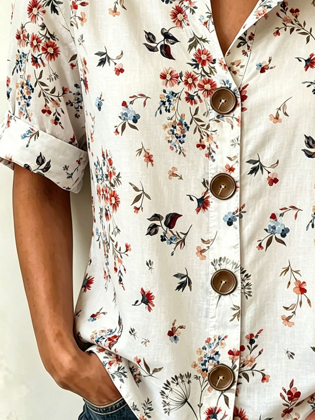 Vintage Floral Printed Stand Collar Botton Spring Summer Linen Blend Casual Shirt