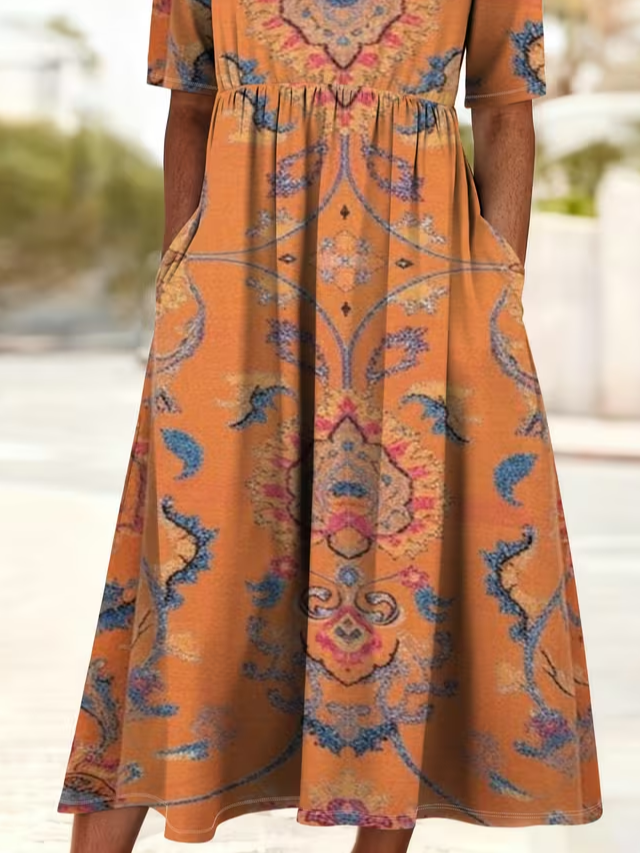 Women's Short Sleeve Summer Orange Ethnic Printing Crew Neck Daily Going Out Casual Maxi H-Line Shift Dress Dress
