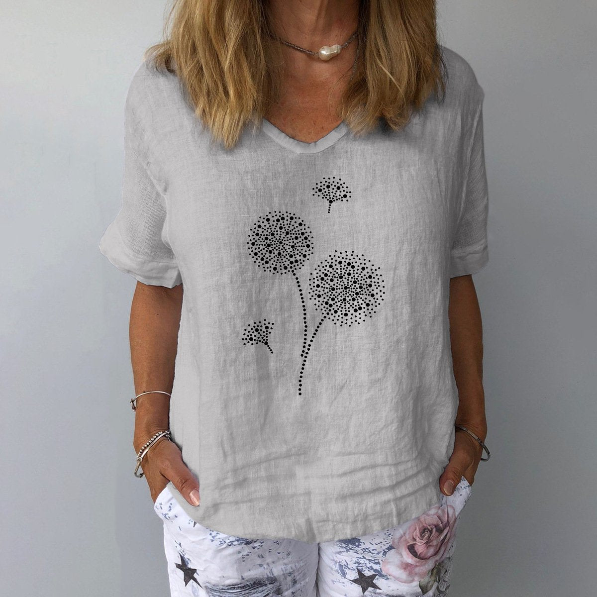 Women's V-Neck Short-Sleeve Blouse â€?Textured Linen