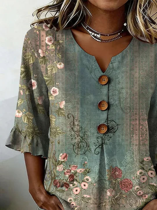 Women's Half Sleeve Blouse Summer Green Floral Printing V Neck Daily Going Out Vintage Top